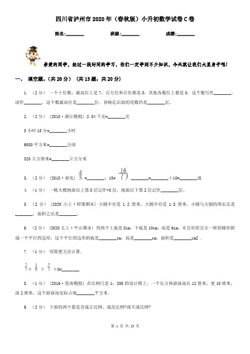 四川省泸州市2020年(春秋版)小升初数学试卷C卷