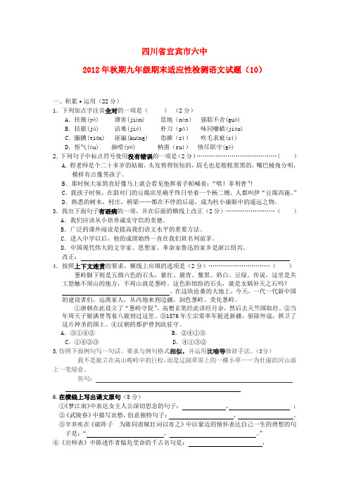 四川省宜宾市秋期九年级语文期末适应性检测试题(10) 新人教版