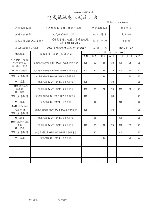 电线绝缘电阻测试记录文本