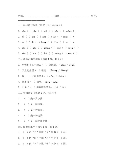 一年级上语文拼音考试卷