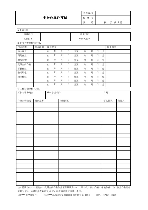 高危作业安全工作许可证(模板)