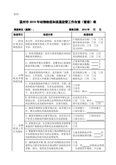 温州市2010年动物检疫和流通监管工作自查(督查)表.