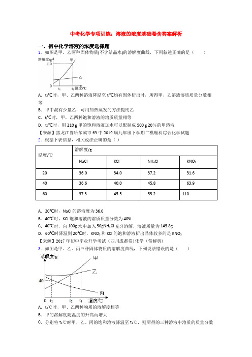 中考化学专项训练：溶液的浓度基础卷含答案解析