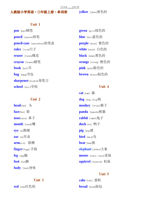 人教版PEP小学英语三年级单词表(带有音标)