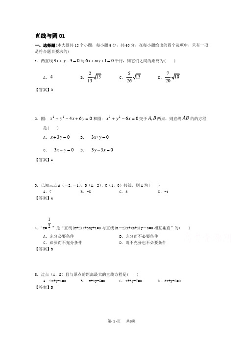 高考数学一轮复习精选试题：直线与圆(选择与填空) Word版含答案