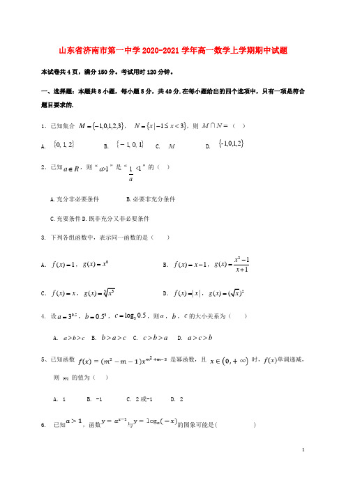 山东省济南市第一中学2020_2021学年高一数学上学期期中试题