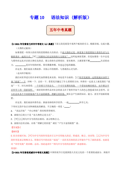 语法知识 (解析版)-5年(2017-2021)中考1年模拟语文分项汇编(甘肃专用)