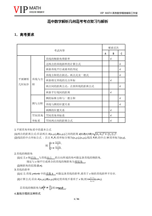 2020年教师版高中数学解析几何高考考点复习与解析