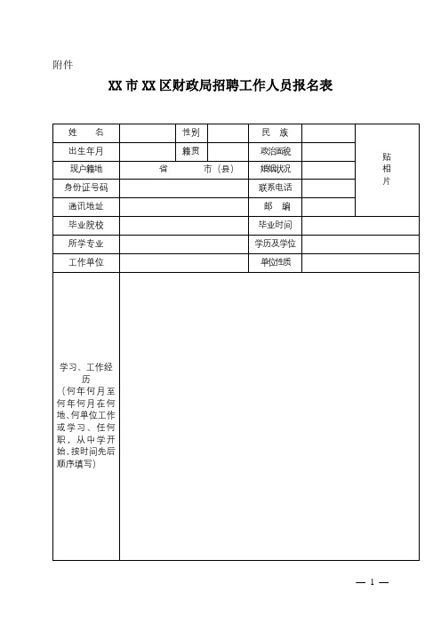 市XX区财政局招聘工作人员报名表【模板】