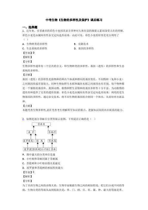 中考生物《生物的多样性及保护》课后练习