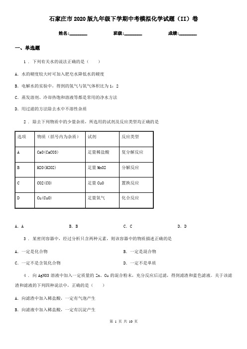 石家庄市2020版九年级下学期中考模拟化学试题(II)卷