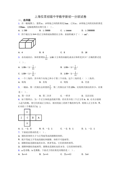 上海位育初级中学数学新初一分班试卷