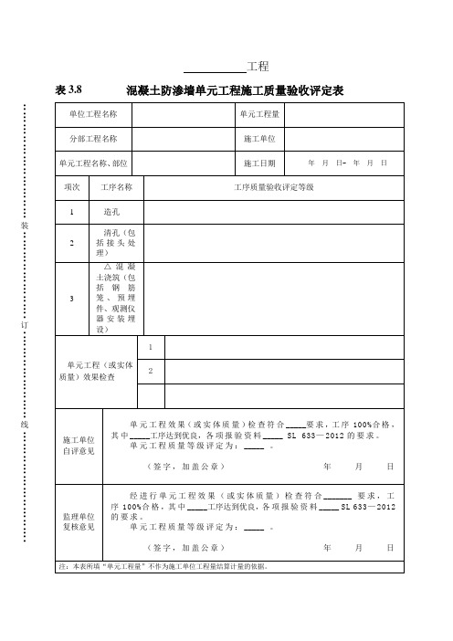 表3.8  混凝土防渗墙单元工程施工质量验收评定表