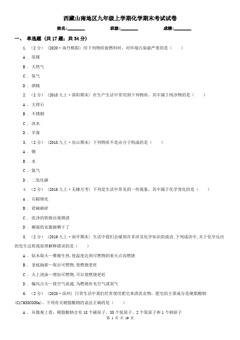 西藏山南地区九年级上学期化学期末考试试卷