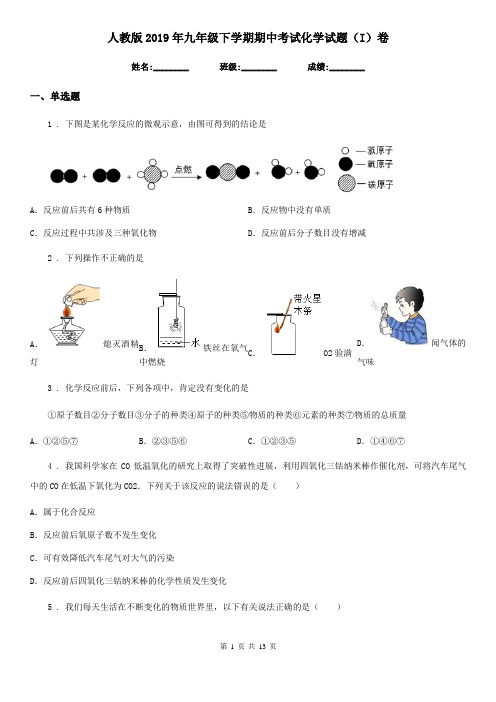 人教版2019年九年级下学期期中考试化学试题(I)卷(练习)