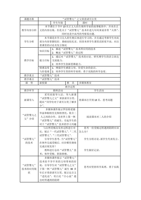 新人教版七年级生物下册《第一章 人的由来  科学家的故事 “试管婴儿之父”荣获诺贝尔奖》教案_12