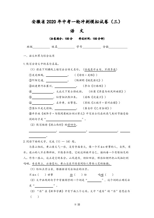 安徽省2020年语文中考一轮冲刺模拟试卷三(含解析版答案)