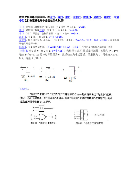 数字逻辑电路中共8种：有与门,或门,非门,与非门,或非门,同或门,异