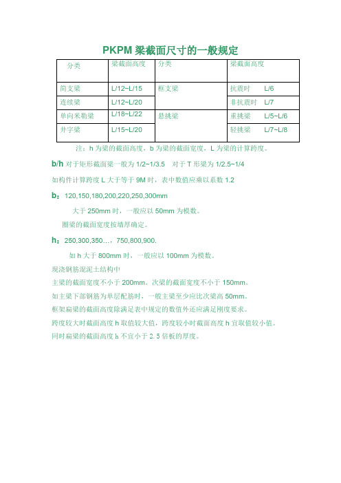 PKPM梁截面尺寸的一般规定