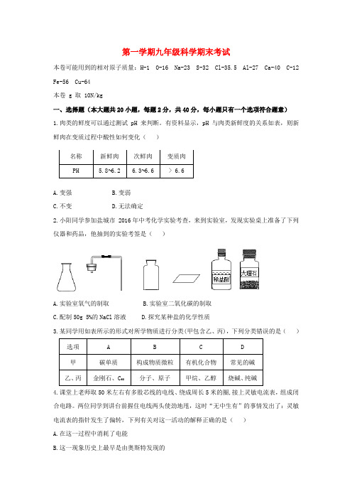 2018-2019学年九年级科学上学期期末检测卷3 浙教版