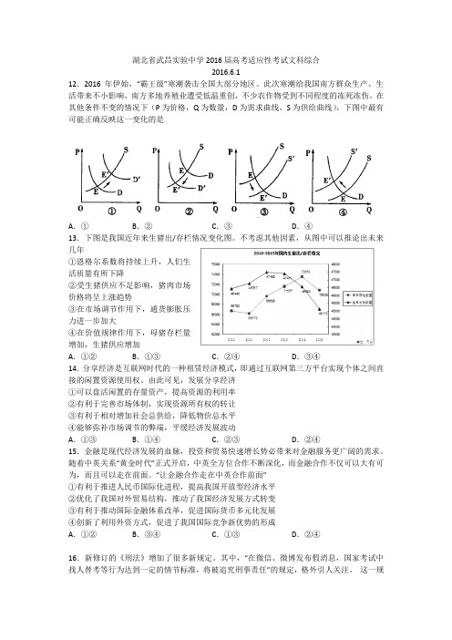 湖北省武昌实验中学2016届高考适应性考试文科综合