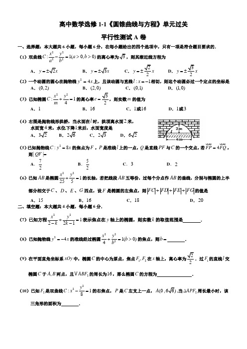 2018学年第二学期高二数学选修1-1《圆锥曲线与方程》单元过关平行性测试A卷含答案