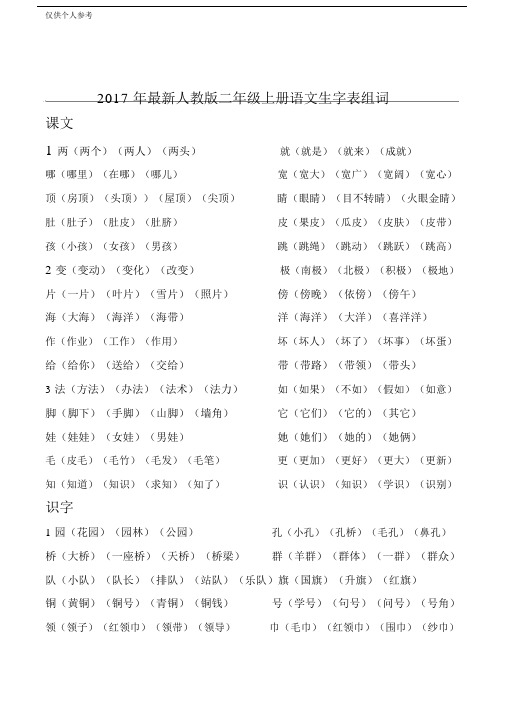 (完整)最新2017人教版二年级上册语文生字表组词.docx