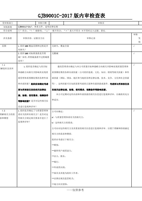 GJB9001C-2017内审检查表