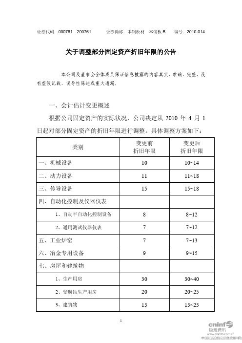 本钢板材：关于调整部分固定资产折旧年限的公告 2010-06-04