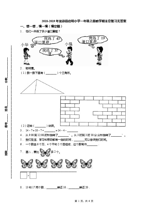 2018-2019年龙游县启明小学一年级上册数学期末总复习无答案