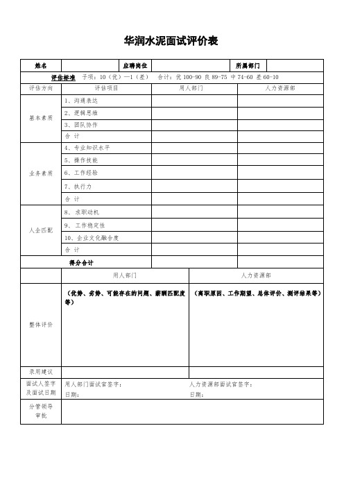 面试评价表(用人部门+HR合并)-基层