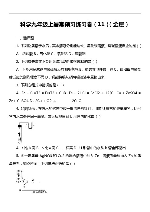 科学九年级上暑期预习练习卷(11)(金属)