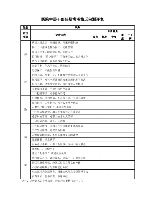 医院中层干部任期满考核反向测评表