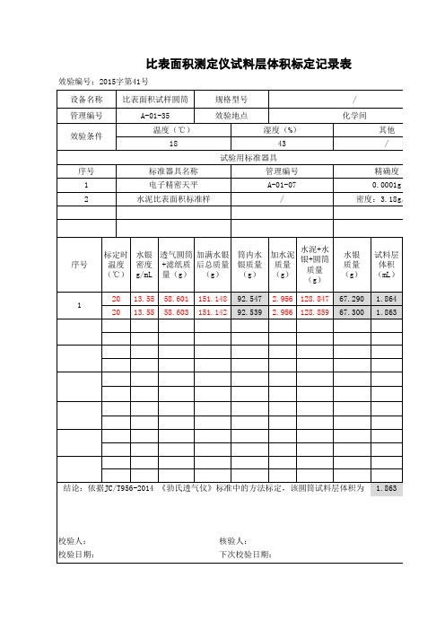 比表面积测定仪试料层体积标定计算表