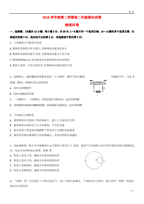 2019学年高二物理下学期期末考试试题 人教 目标版