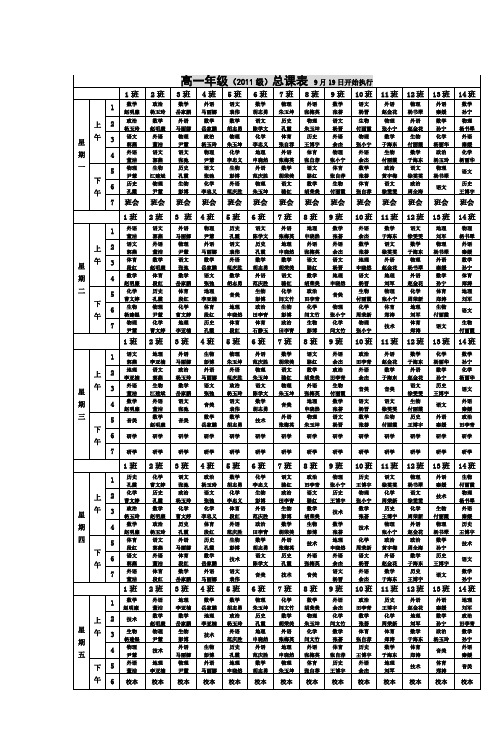 高一年级(2011级)总课表 9月19日开始执行