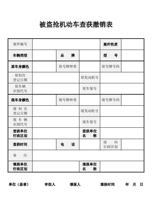 公安机关盗抢机动车刑事案件侦办单位出具被盗抢机动车查获撤销表及填表说明模板