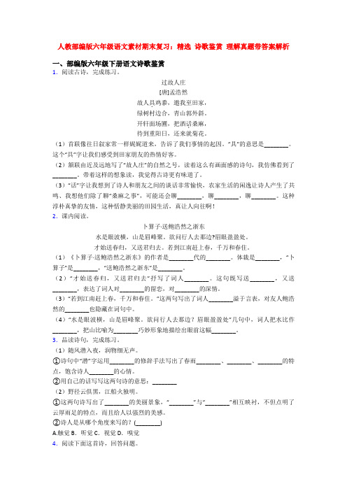 人教部编版六年级语文素材期末复习：精选 诗歌鉴赏 理解真题带答案解析