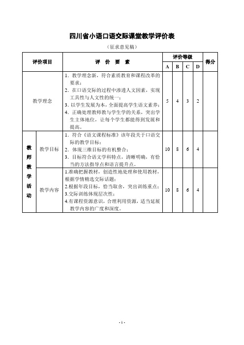 评价表：四川省小学语文口语交际教学