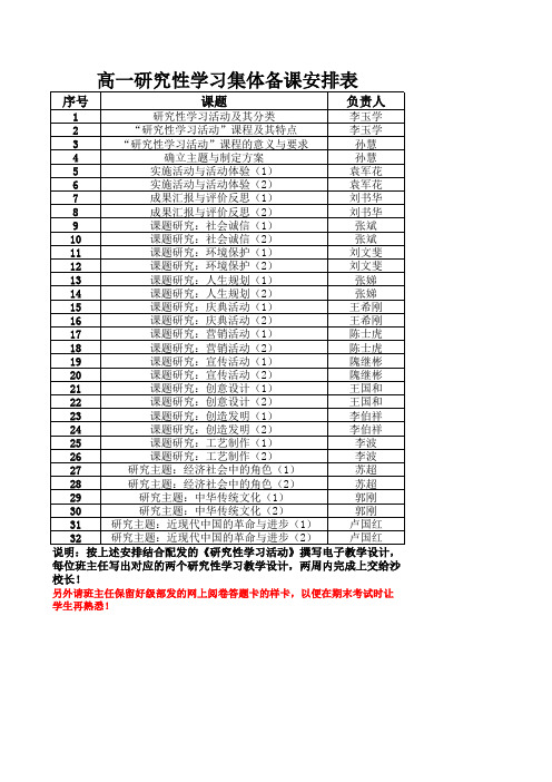 研究性学习集体备课安排表