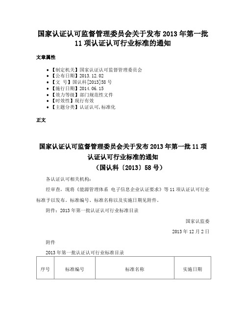 国家认证认可监督管理委员会关于发布2013年第一批11项认证认可行业标准的通知