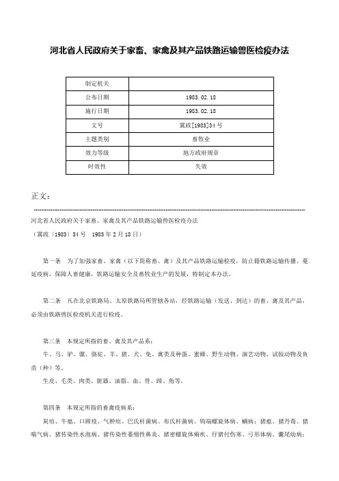 河北省人民政府关于家畜、家禽及其产品铁路运输兽医检疫办法-冀政[1983]34号