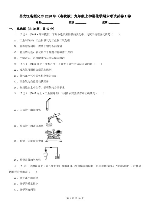 黑龙江省绥化市2020年(春秋版)九年级上学期化学期末考试试卷A卷