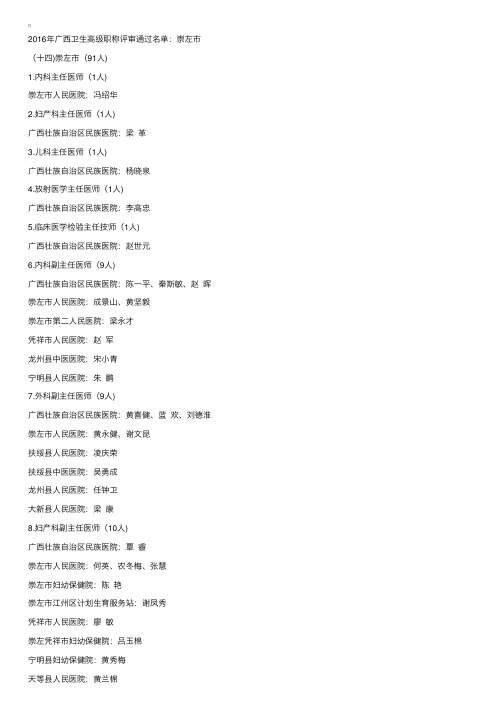 2016年广西卫生系列高级职称评审通过名单：崇左市