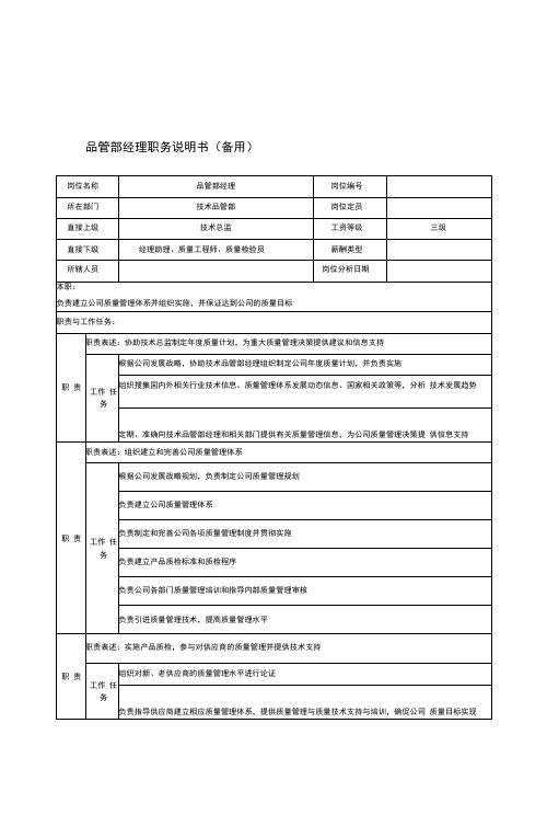 xx贸易公司品质管理部经理职务说明书