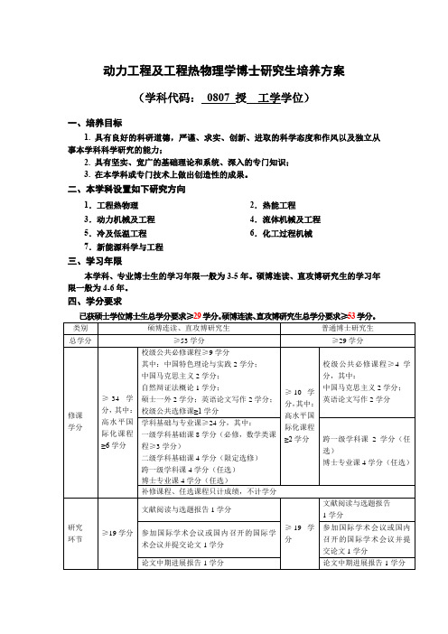 动力工程及工程热物理学博士研究生培养方案