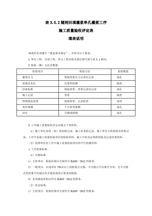 隧洞回填灌浆单孔灌浆工序施工质量验收评定表