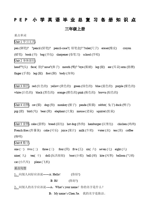 小学PEP英语毕业总复习之各册知识点