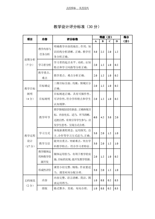 教学设计说课板书评分标准