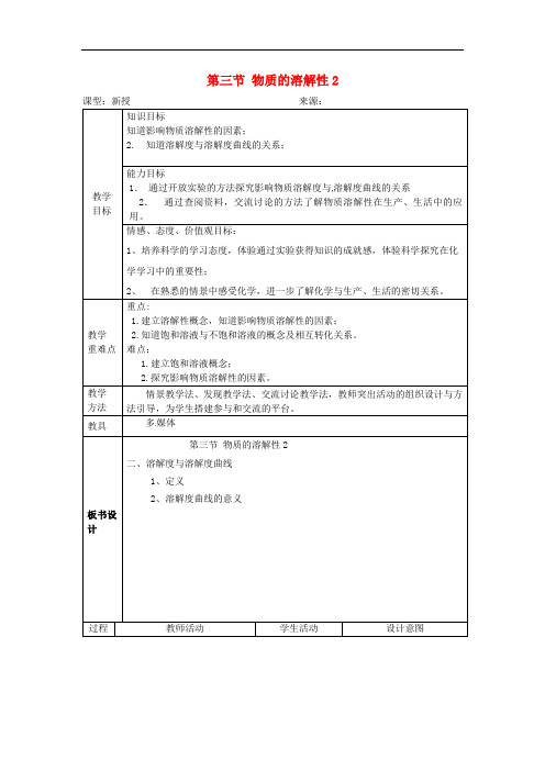 九年级化学全册第1单元溶液第3节物质的溶解性  省一等奖教案2鲁教版54制